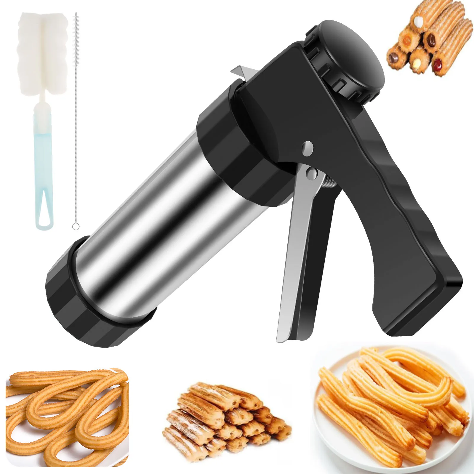 Churros Maker Gun - Churro-Maschine, Kekspresse, Spritzpistolen-Set aus Edelstahl, Kuchen-Creme-Dekorationspistolen-Set,